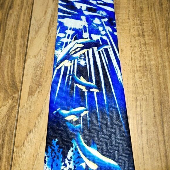 Brother's Hand Made Blue Tie With Dolphins & Marine Life Print - Picture 2 of 7
